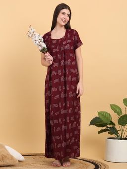 Sweet Dreams - Women Maroon Paisley Printed Square Neck Nightdress