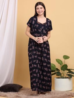 Sweet Dreams - Women Navy Blue Paisley Printed Square Neck Nightdress