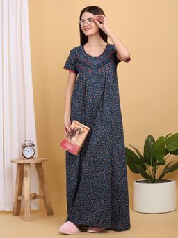 Sweet Dreams - Women Navy Blue Floral Printed Round Neck Nightdress