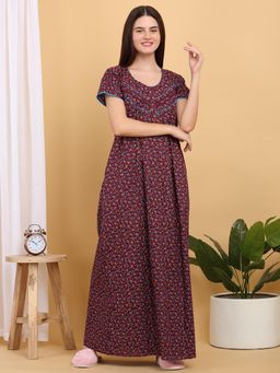 Sweet Dreams - Women Maroon Floral Printed Round Neck Nightdress