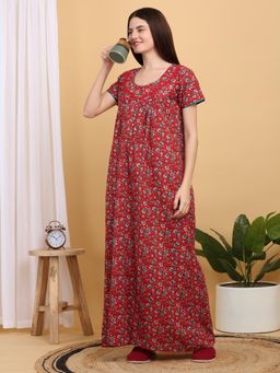 Sweet Dreams - Women Red Floral Printed Round Neck Nightdress