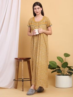 Sweet Dreams - Women Yellow Floral Printed Round Neck Nightdress