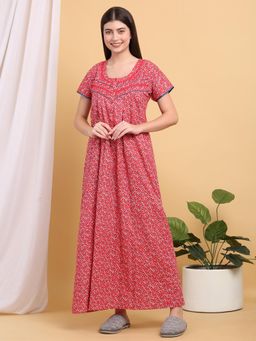 Sweet Dreams - Women Red Floral Printed Round Neck Nightdress