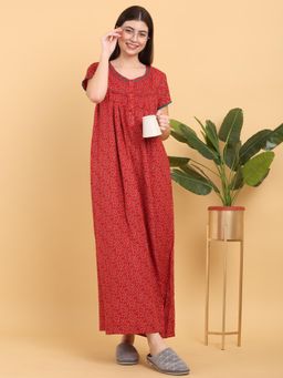 Sweet Dreams - Women Red Printed Round Neck Nightdress