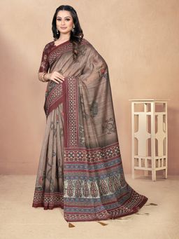 Shrithi Fashion Fab - Women Bollywood Wedding Wear Cotton Blend Saree Brown with Unstitched Blouse