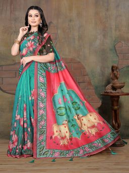 Shrithi Fashion Fab - Women Bollywood Wedding Wear Cotton Blend Saree Green with Unstitched Blouse