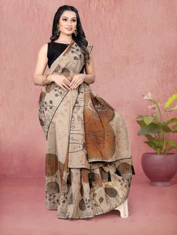 Shrithi Fashion Fab - Women Designer Printed Organza Daily Wear Saree Brown with Unstitched Blouse