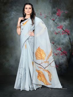 Shrithi Fashion Fab - Women Designer Printed Soft Organza Daily Wear Saree Grey with Unstitched Blouse