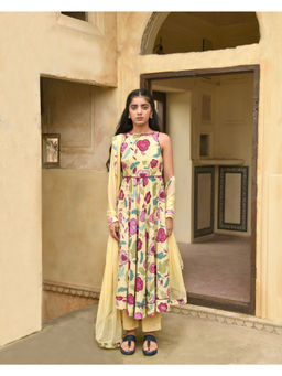 Taro India - Yellow Canary Anarkali Kurta and Pant with Dupatta
