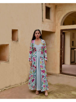 Taro India - Blue Cloudy Bloom Dress With Jacket And Belt