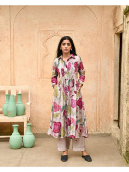 Taro India - Grey Magnolia Shirt Anarkali Kurta and Pant