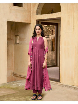 Taro India - Red Hibiscus Bloom Anarkali Kurta and Pant with Dupatta