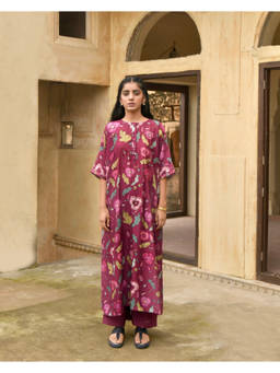 Taro India - Wine Chanderi Silk Auburn Kaftan and Pant
