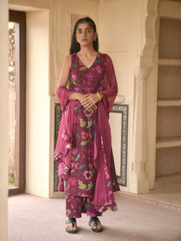 Taro India - Wine Shiraz Flower Anarkali Kurta and Pant with Dupatta