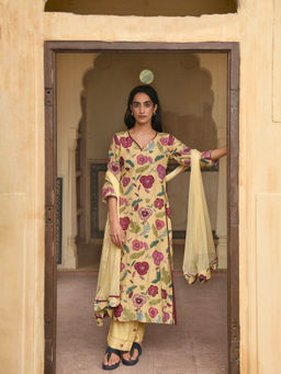Taro India - Corn Yellow Anarkali Kurta and Pant with Dupatta
