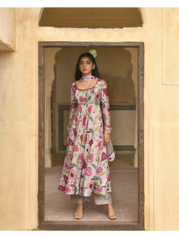 Taro India - Grey Blooming Garden Anarkali Kurta and Pant with Dupatta
