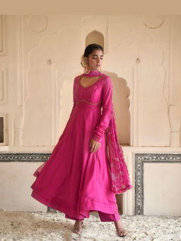 Taro India - Flamingo Pink Anarkali Kurta and Pant with Dupatta