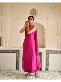 Taro India - Chanderi Pink Rose Kurta and Pant with Dupatta
