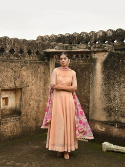 Taro India - Peach Sunset Blush Anarkali Kurta and Pant with Dupatta