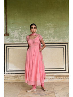 Taro India - Pink Gulbahar Anarkali Kurta and Churidar with Dupatta