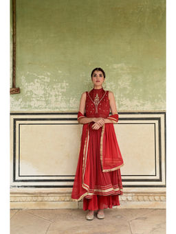 Taro India - Red Sindhuri Anarkali Kurta and Palazzo with Dupatta
