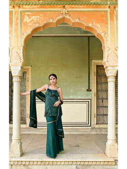 Taro India - Green Satin Heena Kurta and Sharara with Dupatta