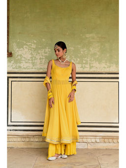 Taro India - Yellow Nargis Anarkali Kurta and Palazzo with Dupatta