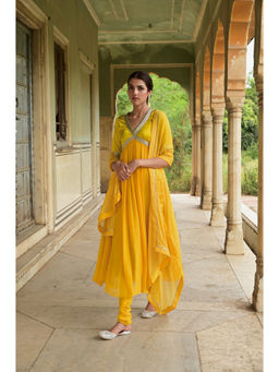 Taro India - Yellow Kaner Anarkali Kurta and Churidar with Dupatta
