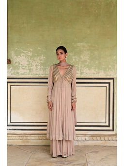 Taro India - Beige Gulnaar Anarkali Kurta and Palazzo with Dupatta