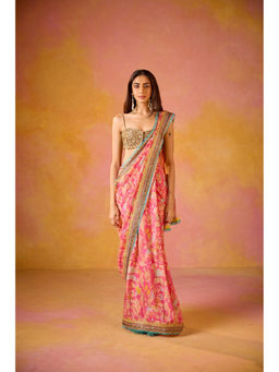 Old Marigold - Aarohi Pink Muslin Saree With Blouse with Stitched