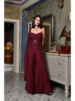 Bani Khurana - Maroon Silk Embellished Shoulder Straps Top and Sharara and Dupatta