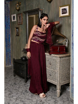 Bani Khurana - Maroon Polyester Embroidered Shoulder Straps Top and Sharara and Dupatta