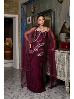 Bani Khurana - Purple Silk Embroidered Round Neck Top and Sharara and Dupatta