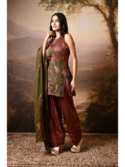 Bani Khurana - Brown Silk Embroidered Round Neck Kurti with Pant and Dupatta