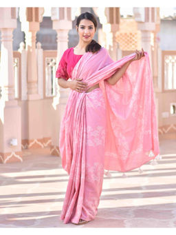 Chidiyaa - Pink Hand Block Printed Pure Cotton Saree With Stitched Blouse with Stitched