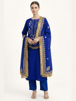 ORNAMAAS - Blue Georgette Thread Work Kurta with Pant and Dupatta