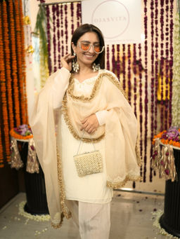 ORNAMAAS - Ivory Cotton Blend Embellished/Sequined Kurta with Salwar and Dupatta