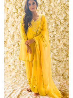 ORNAMAAS - Yellow Organza Embellished/Sequined Kurta with Salwar and Dupatta
