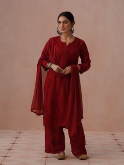 House of Chikankari - Maroon Chanderi Embroidered Chikankari Kurta with Pant and Dupatta