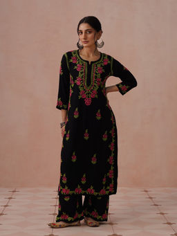 House of Chikankari - Black Rayon Embroidered Chikankari Kurta with Pant