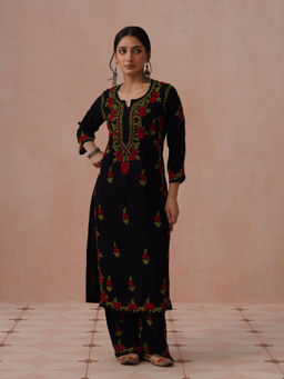 House of Chikankari - Black Rayon Embroidered Chikankari Kurta with Pant