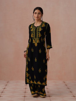 House of Chikankari - Black Rayon Embroidered Chikankari Kurta with Pant