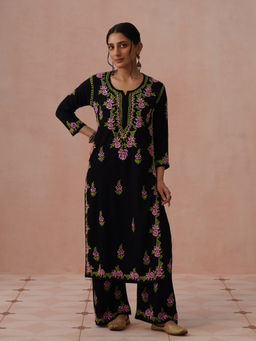 House of Chikankari - Black Rayon Embroidered Chikankari Kurta with Pant