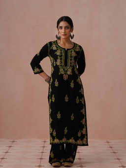 House of Chikankari - Black Rayon Embroidered Chikankari Kurta with Pant