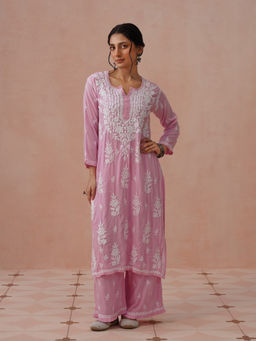 House of Chikankari - Pink Modal Embroidered Chikankari Kurta with Pant