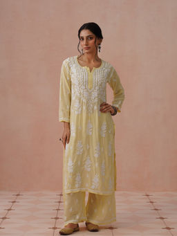House of Chikankari - Yellow Modal Embroidered Chikankari Kurta with Pant