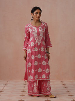 House of Chikankari - Pink Rayon Embroidered Chikankari Kurta with Palazzo