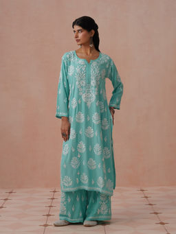 House of Chikankari - Blue Rayon Embroidered Chikankari Kurta with Palazzo