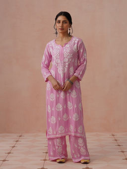 House of Chikankari - Pink Rayon Embroidered Chikankari Kurta with Palazzo