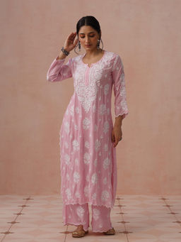 House of Chikankari - Pink Modal Embroidered Chikankari Kurta with Pant
